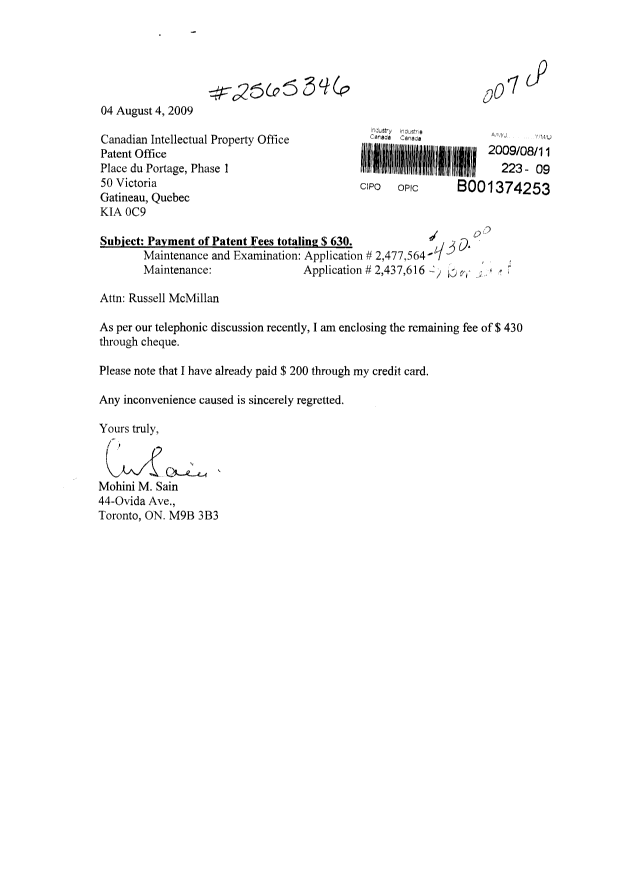 Canadian Patent Document 2477564. Prosecution-Amendment 20081211. Image 1 of 1