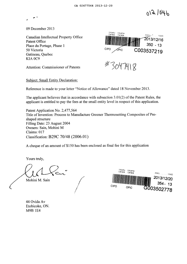 Canadian Patent Document 2477564. Correspondence 20121220. Image 1 of 2