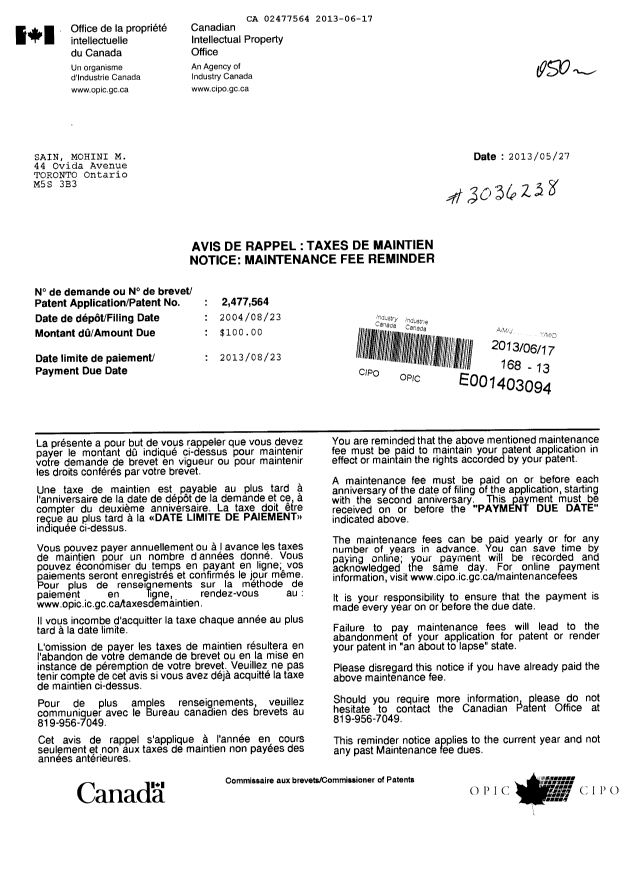 Document de brevet canadien 2477564. Taxes 20130617. Image 1 de 1