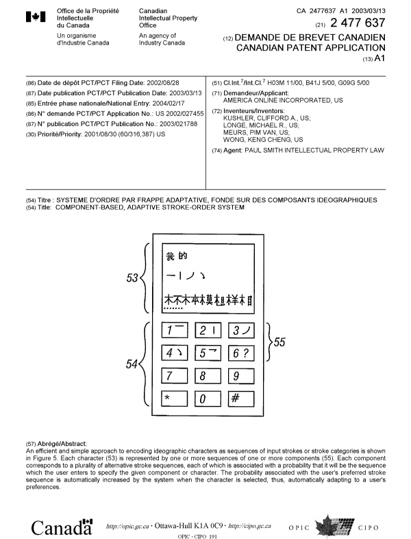 Document de brevet canadien 2477637. Page couverture 20041006. Image 1 de 1