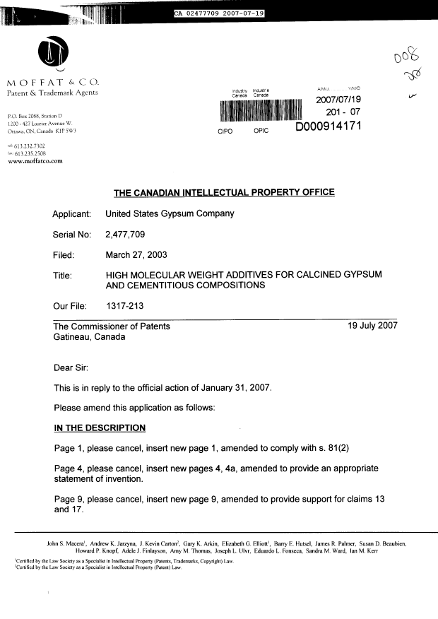 Canadian Patent Document 2477709. Prosecution-Amendment 20070719. Image 1 of 18