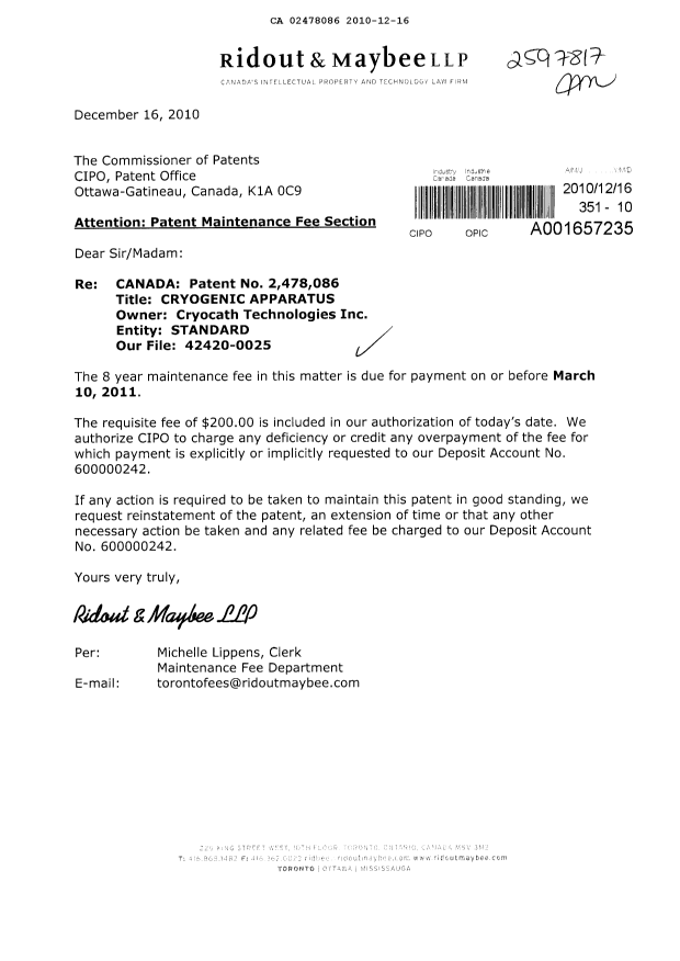 Document de brevet canadien 2478086. Taxes 20101216. Image 1 de 1