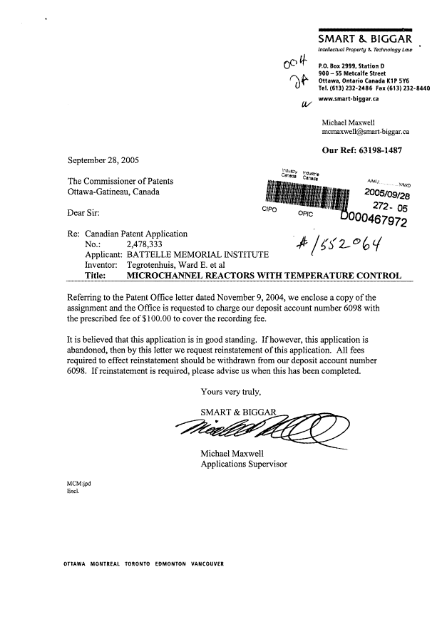 Document de brevet canadien 2478333. Cession 20050928. Image 1 de 3