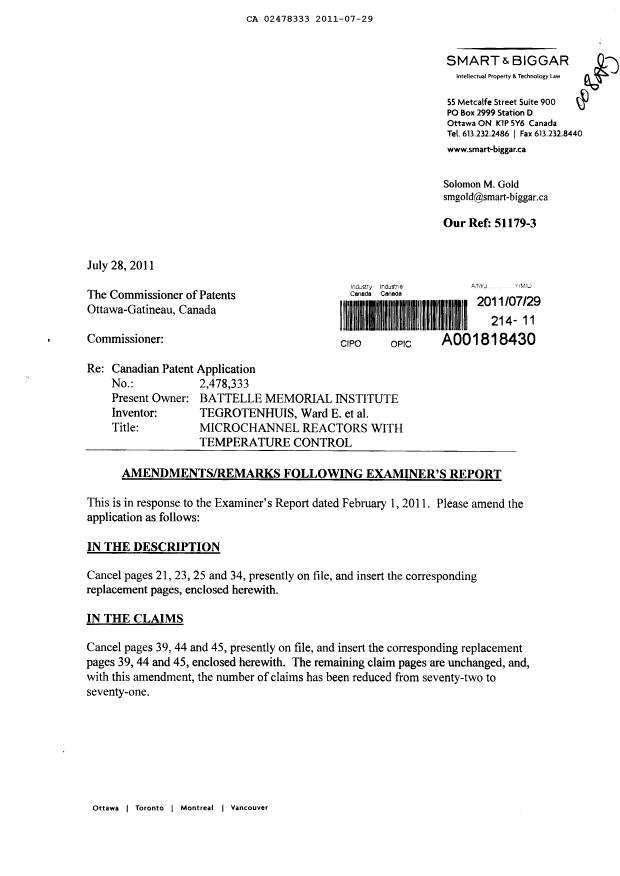 Document de brevet canadien 2478333. Poursuite-Amendment 20110729. Image 1 de 12
