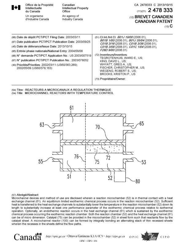 Document de brevet canadien 2478333. Page couverture 20130910. Image 1 de 2