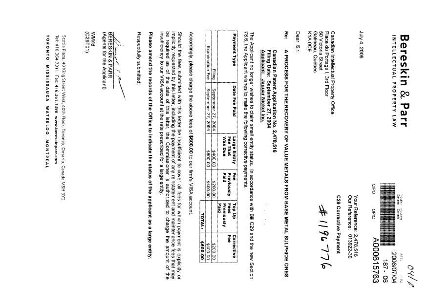 Canadian Patent Document 2478516. Prosecution-Amendment 20060704. Image 1 of 1