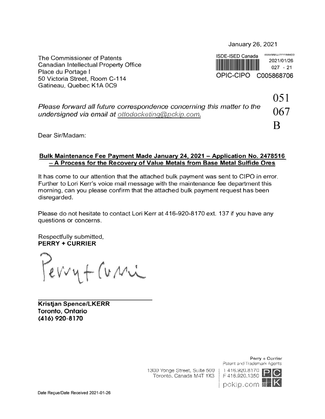 Canadian Patent Document 2478516. Maintenance Fee Correspondence 20210126. Image 1 of 4