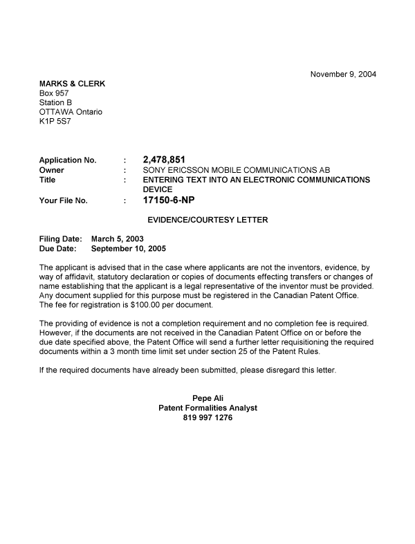 Canadian Patent Document 2478851. Correspondence 20031206. Image 1 of 1