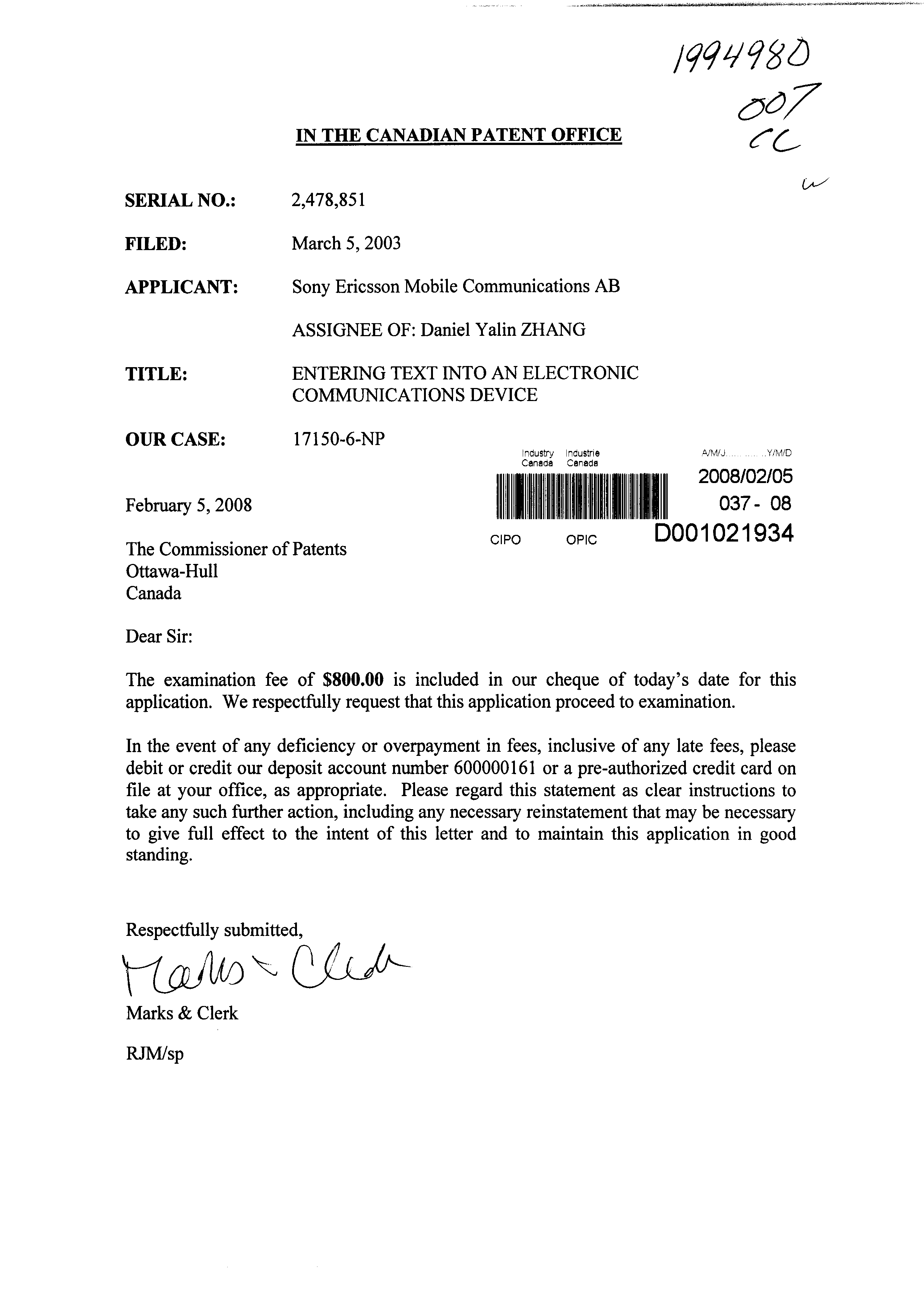Canadian Patent Document 2478851. Prosecution-Amendment 20071205. Image 1 of 1