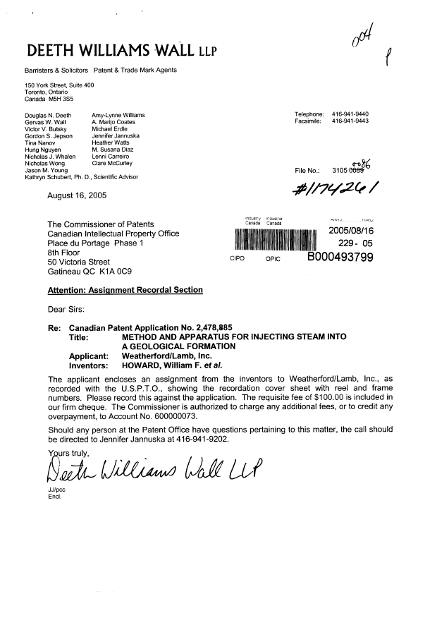 Document de brevet canadien 2478885. Cession 20050816. Image 1 de 12
