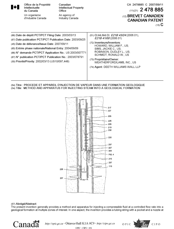Document de brevet canadien 2478885. Page couverture 20070817. Image 1 de 2