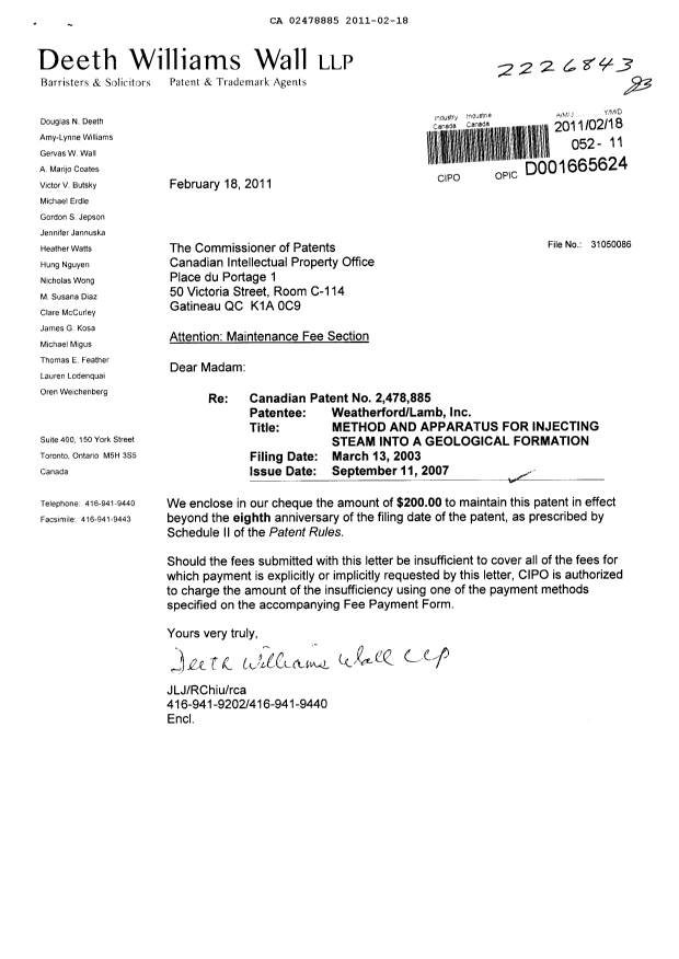 Document de brevet canadien 2478885. Taxes 20110218. Image 1 de 1