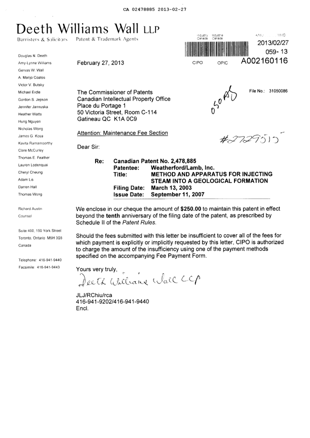 Document de brevet canadien 2478885. Taxes 20130227. Image 1 de 1