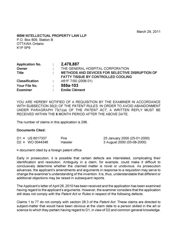 Canadian Patent Document 2478887. Prosecution-Amendment 20101229. Image 1 of 5