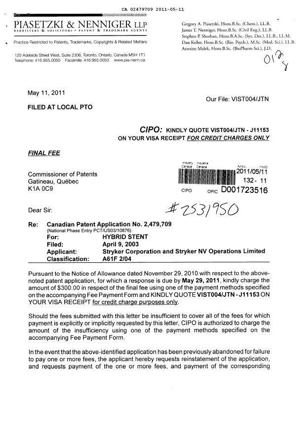 Document de brevet canadien 2479709. Correspondance 20110511. Image 1 de 2