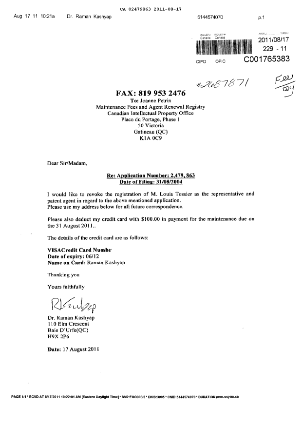 Canadian Patent Document 2479863. Correspondence 20110817. Image 1 of 1