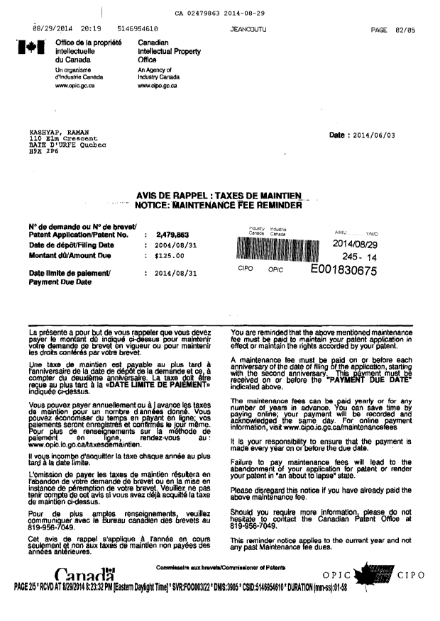 Canadian Patent Document 2479863. Fees 20140829. Image 2 of 2