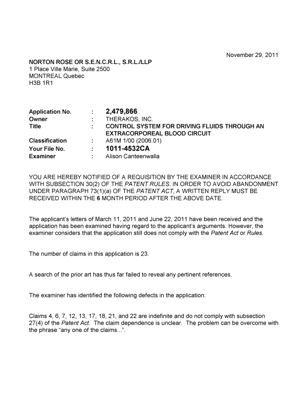 Canadian Patent Document 2479866. Prosecution-Amendment 20111129. Image 1 of 2