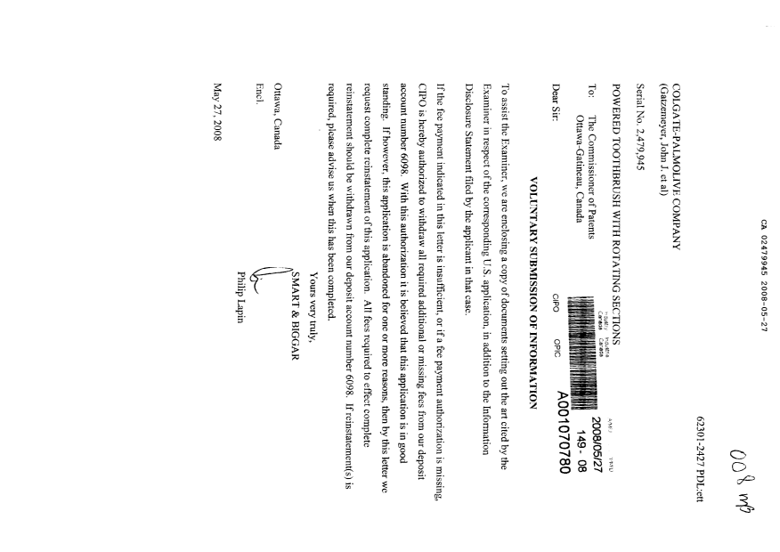 Document de brevet canadien 2479945. Poursuite-Amendment 20080527. Image 1 de 1