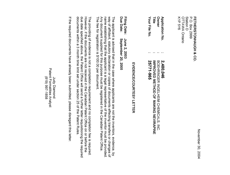 Document de brevet canadien 2480046. Correspondance 20041130. Image 1 de 1