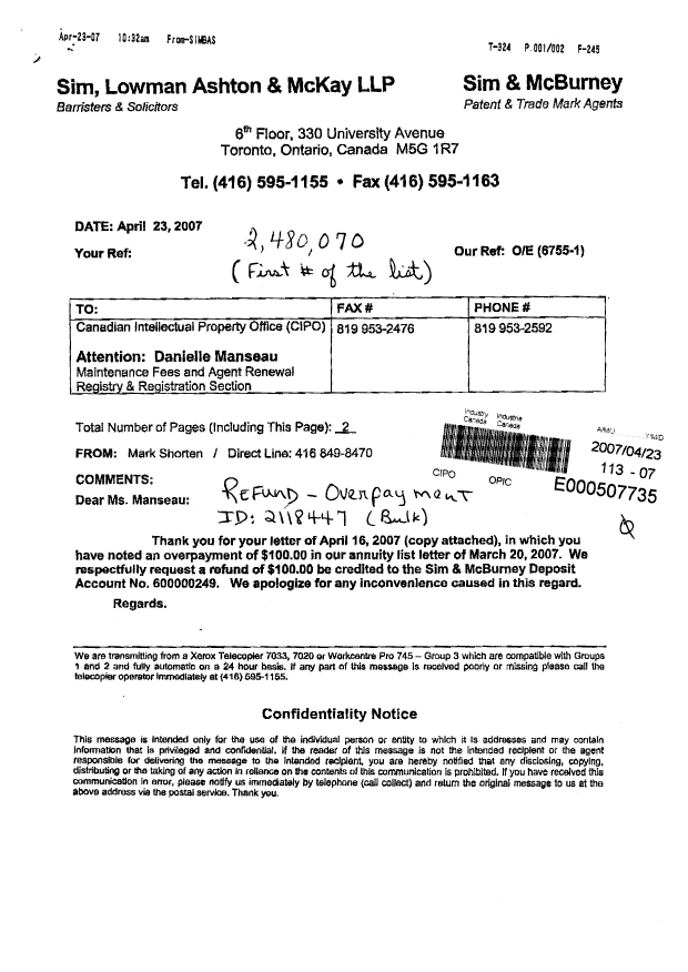 Canadian Patent Document 2480070. Correspondence 20070423. Image 1 of 1