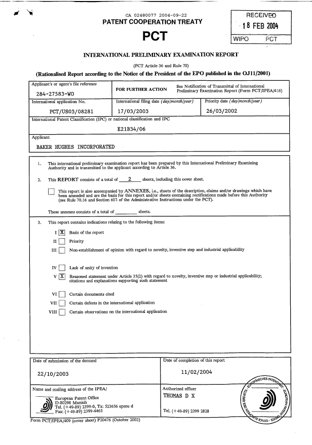Document de brevet canadien 2480077. PCT 20040922. Image 1 de 6