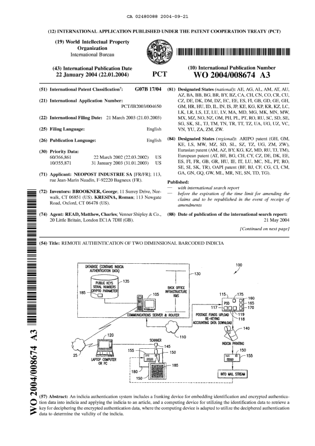 Canadian Patent Document 2480088. Abstract 20040921. Image 1 of 2