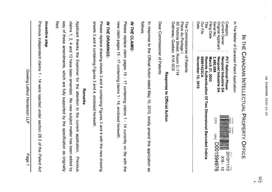 Canadian Patent Document 2480088. Prosecution-Amendment 20101110. Image 1 of 9