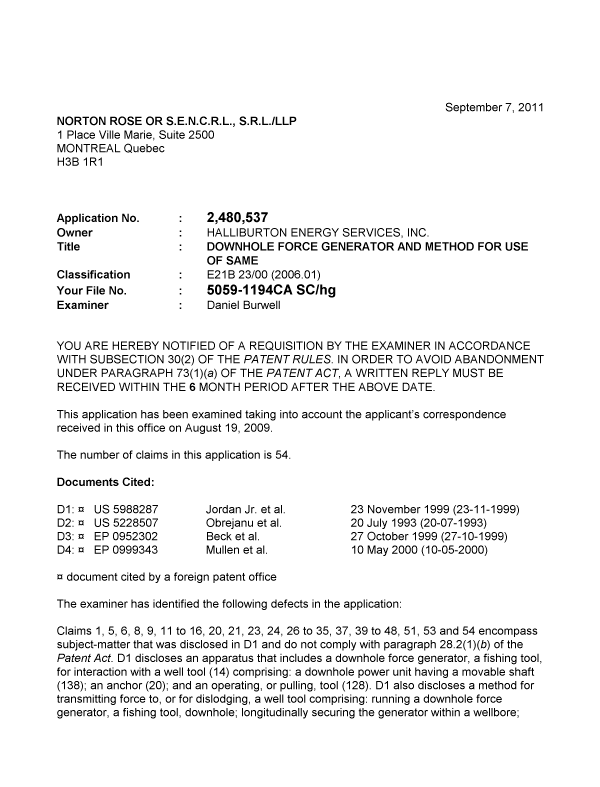 Document de brevet canadien 2480537. Poursuite-Amendment 20110907. Image 1 de 3