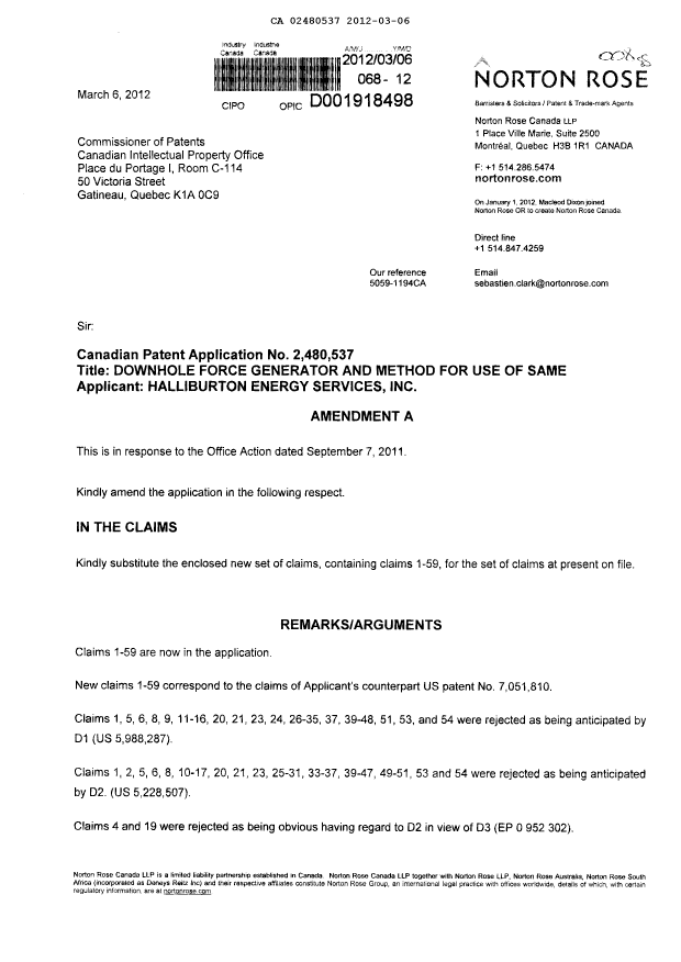 Document de brevet canadien 2480537. Poursuite-Amendment 20120306. Image 1 de 14