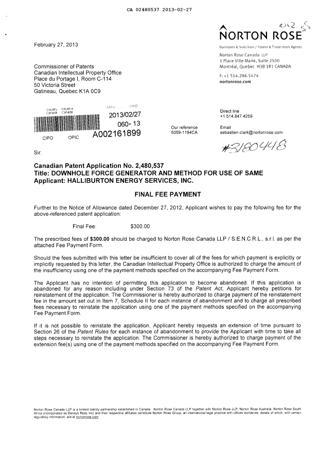 Document de brevet canadien 2480537. Correspondance 20130227. Image 1 de 2