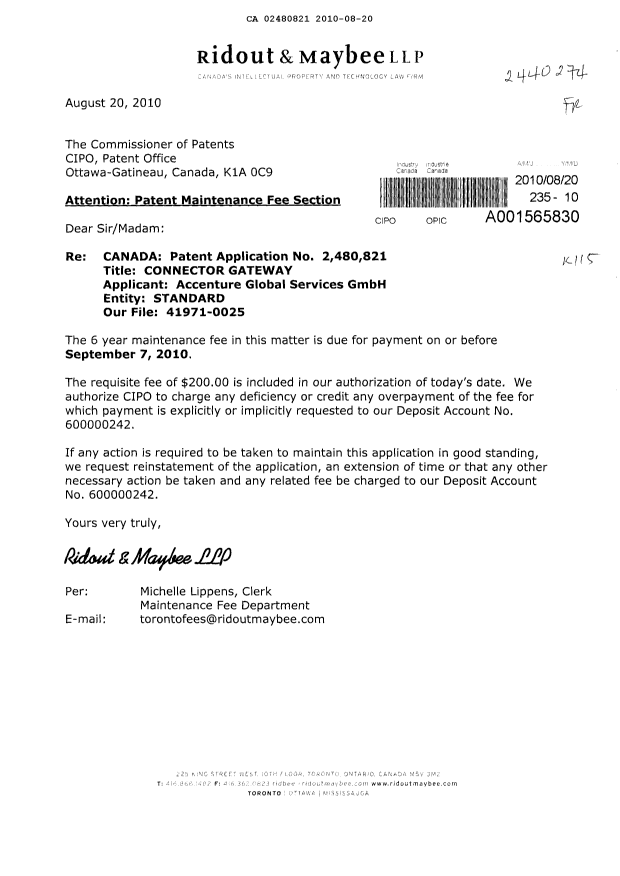 Canadian Patent Document 2480821. Fees 20091220. Image 1 of 1