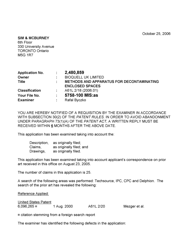Canadian Patent Document 2480859. Prosecution-Amendment 20061025. Image 1 of 2