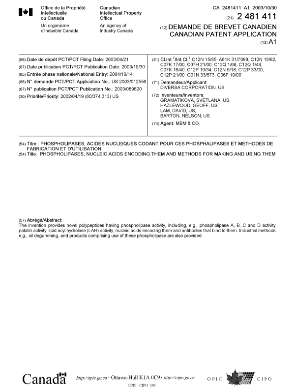 Document de brevet canadien 2481411. Page couverture 20050106. Image 1 de 1