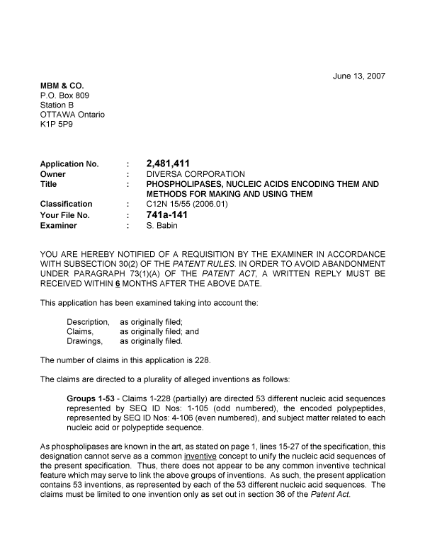 Document de brevet canadien 2481411. Poursuite-Amendment 20070613. Image 1 de 5