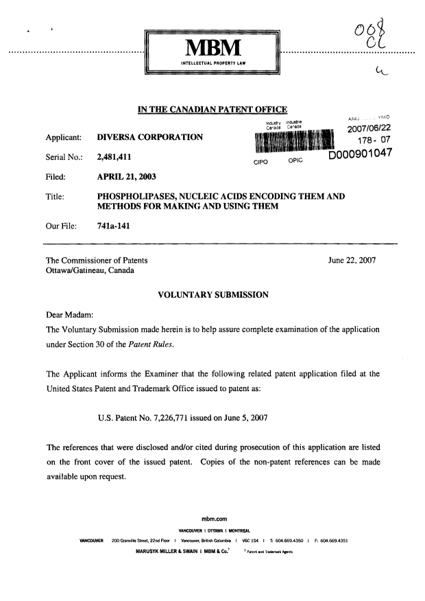Document de brevet canadien 2481411. Poursuite-Amendment 20070622. Image 1 de 2