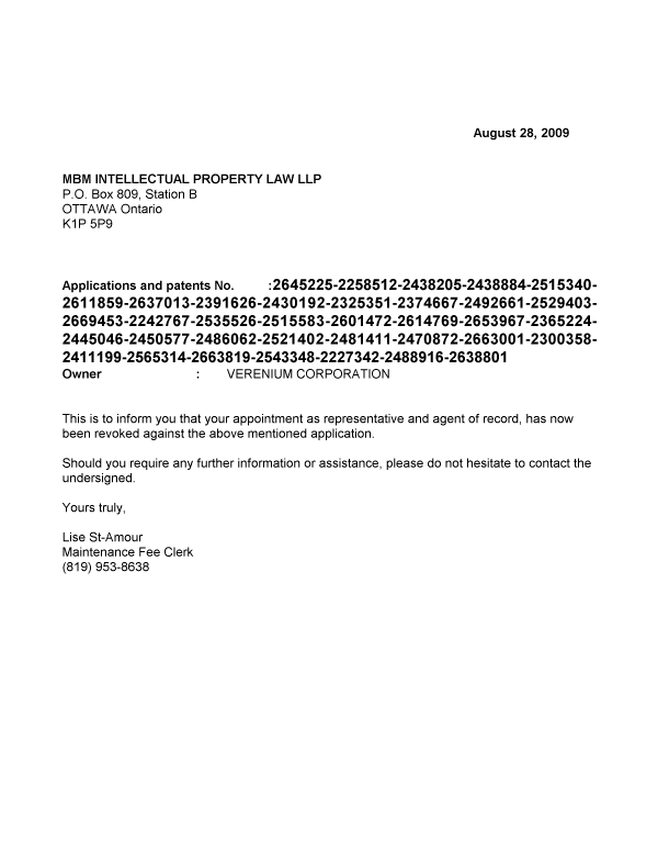 Document de brevet canadien 2481411. Correspondance 20090828. Image 1 de 1