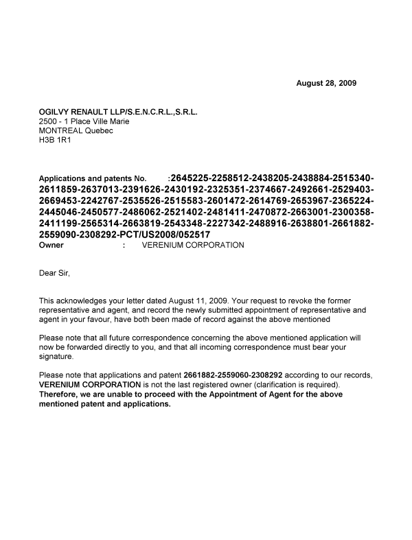 Document de brevet canadien 2481411. Correspondance 20090828. Image 1 de 2
