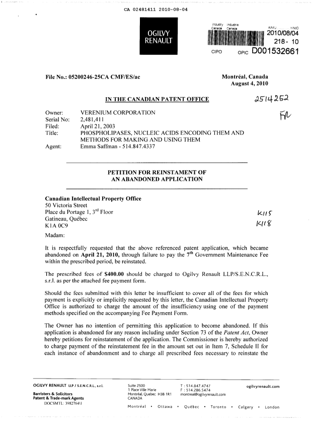 Document de brevet canadien 2481411. Taxes 20100804. Image 1 de 2