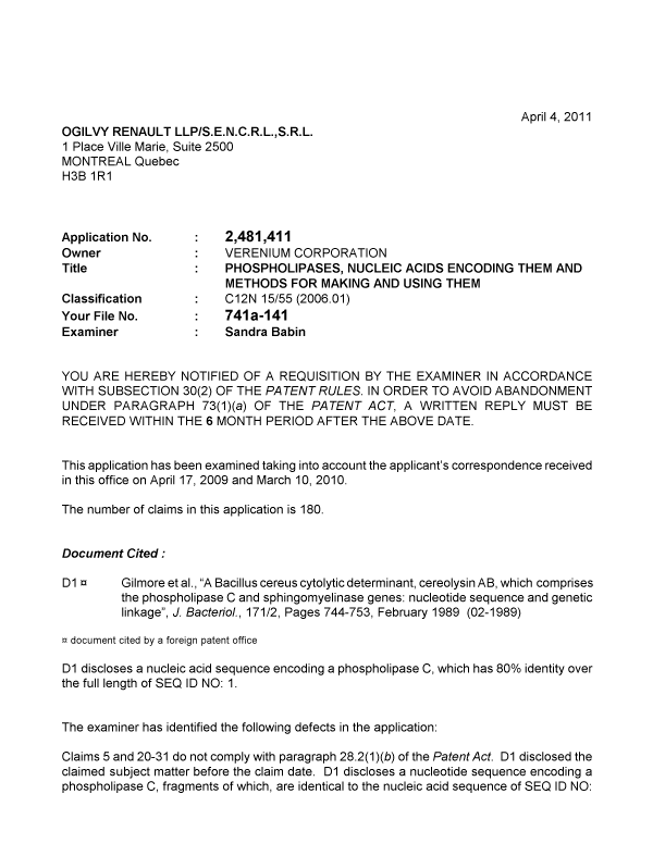 Document de brevet canadien 2481411. Poursuite-Amendment 20110404. Image 1 de 5
