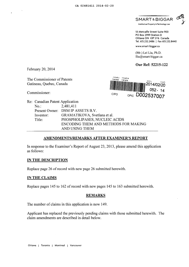 Document de brevet canadien 2481411. Poursuite-Amendment 20140220. Image 1 de 23