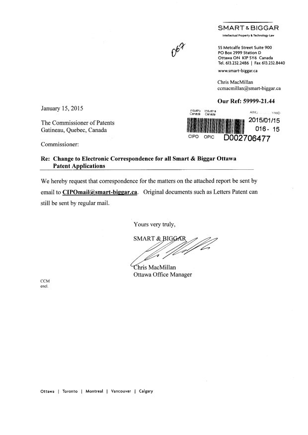 Document de brevet canadien 2481411. Correspondance 20150115. Image 1 de 2