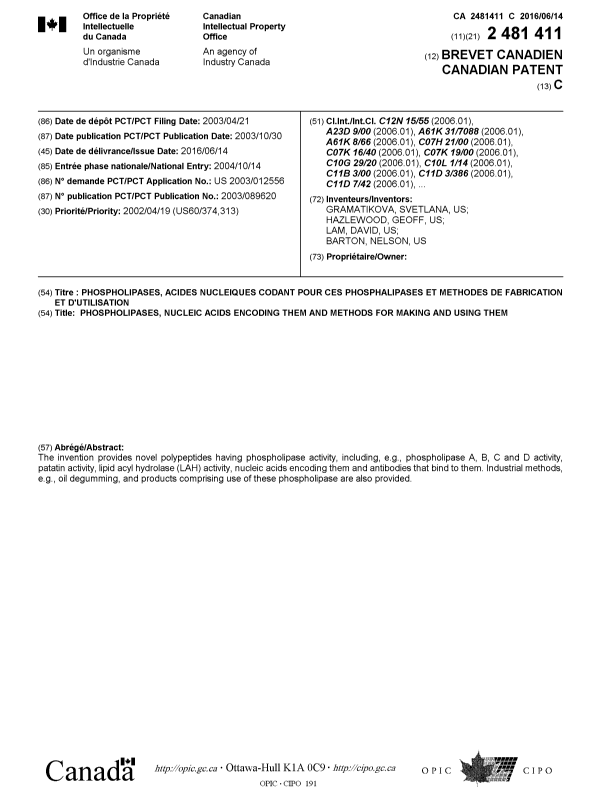 Document de brevet canadien 2481411. Page couverture 20160420. Image 1 de 2