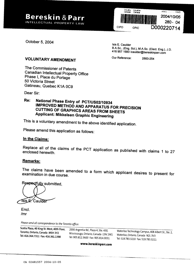 Document de brevet canadien 2481557. Poursuite-Amendment 20041005. Image 1 de 8
