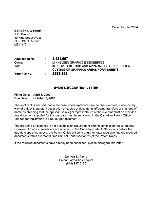 Canadian Patent Document 2481557. Correspondence 20041210. Image 1 of 1