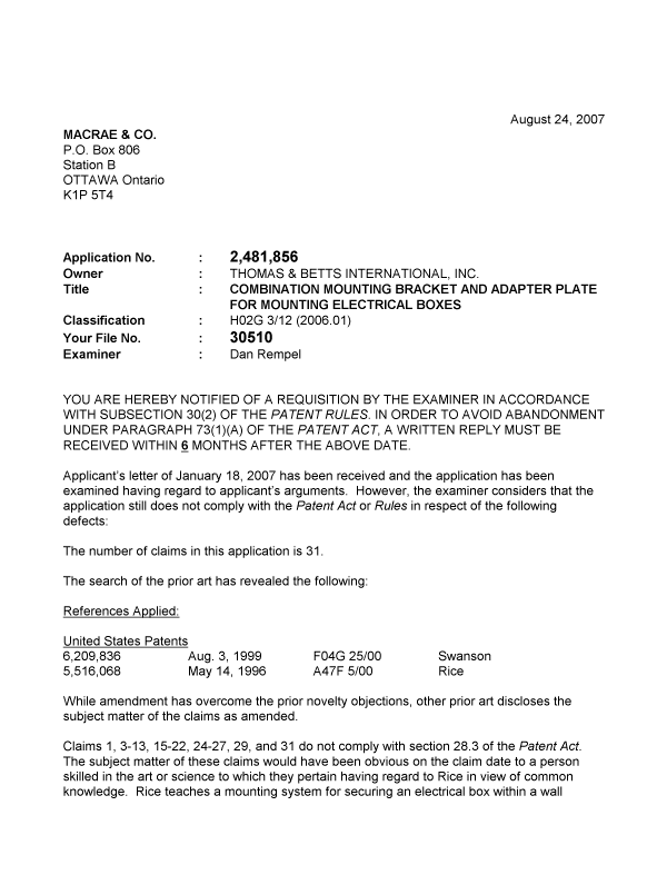 Canadian Patent Document 2481856. Prosecution-Amendment 20070824. Image 1 of 2