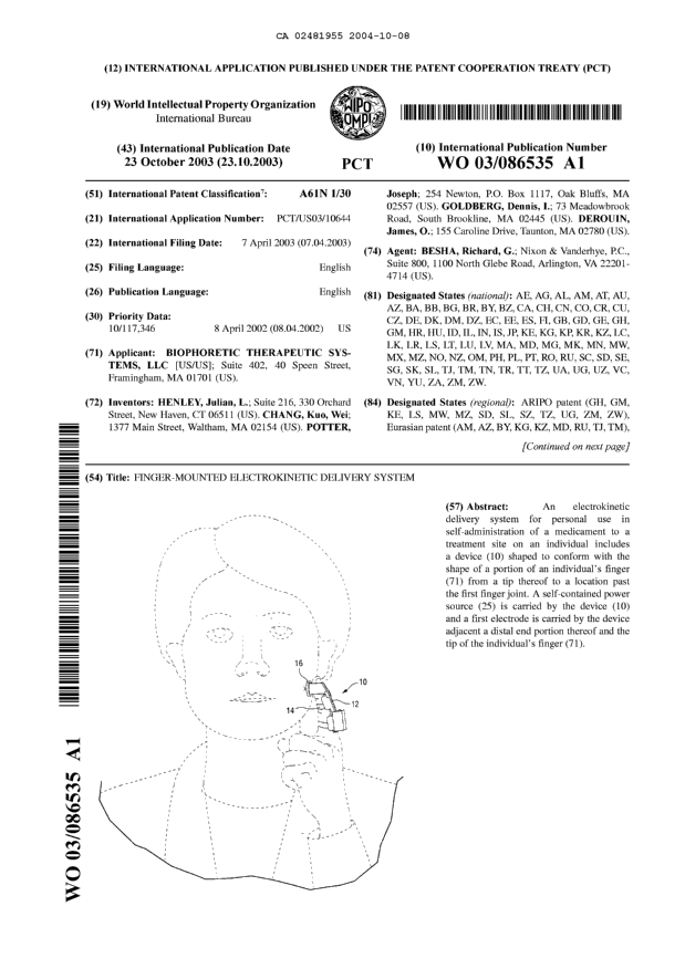 Canadian Patent Document 2481955. Abstract 20041008. Image 1 of 2