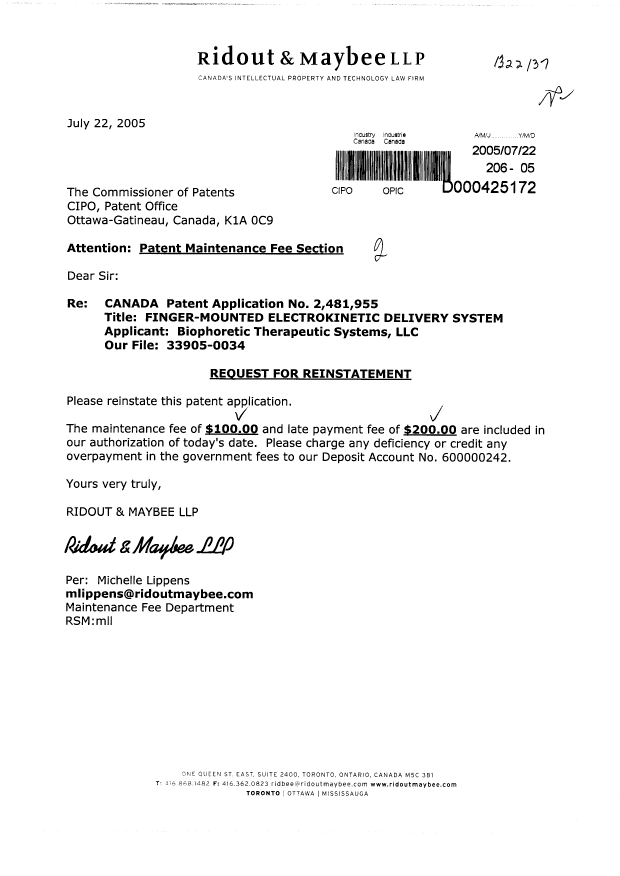 Document de brevet canadien 2481955. Taxes 20050722. Image 1 de 1
