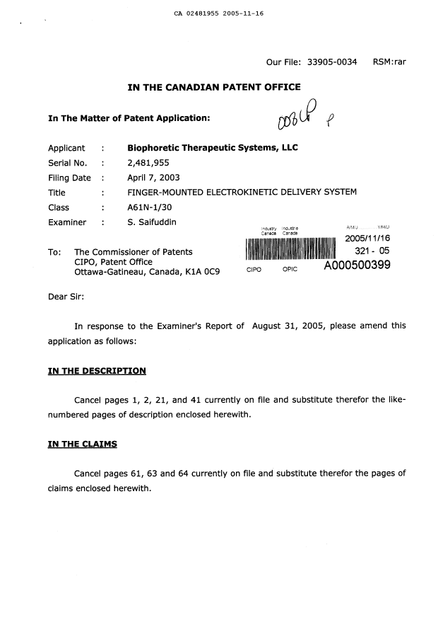Document de brevet canadien 2481955. Poursuite-Amendment 20051116. Image 1 de 11