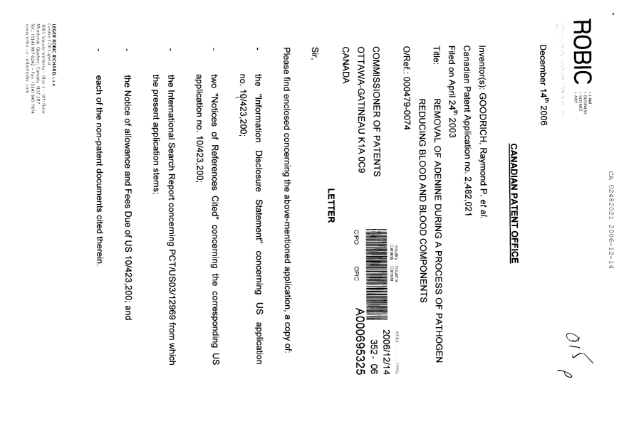 Canadian Patent Document 2482021. Prosecution-Amendment 20061214. Image 1 of 2
